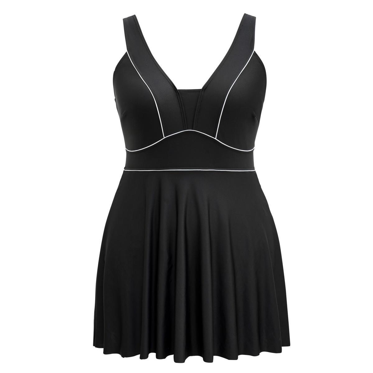 Plus Size Contrast Trim Adjustable Straps Swim Dress Women's Swimwear Black Beach Bodycon V-neck High stretch Curve Swim Dresses BloomChic 22-24/3X Product Image