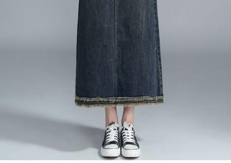 High Rise Washed Tassel Trim Midi A-Line Denim Skirt Product Image