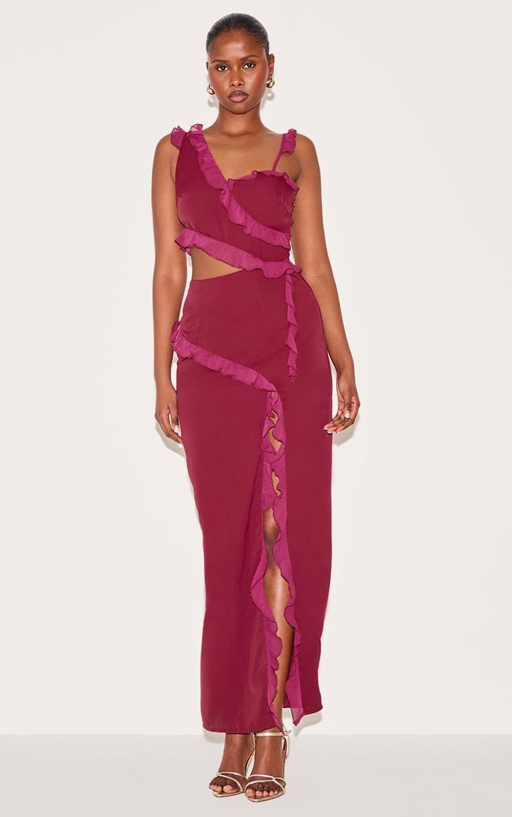 Wine Chiffon Frill Cut Out Maxi Dress Product Image