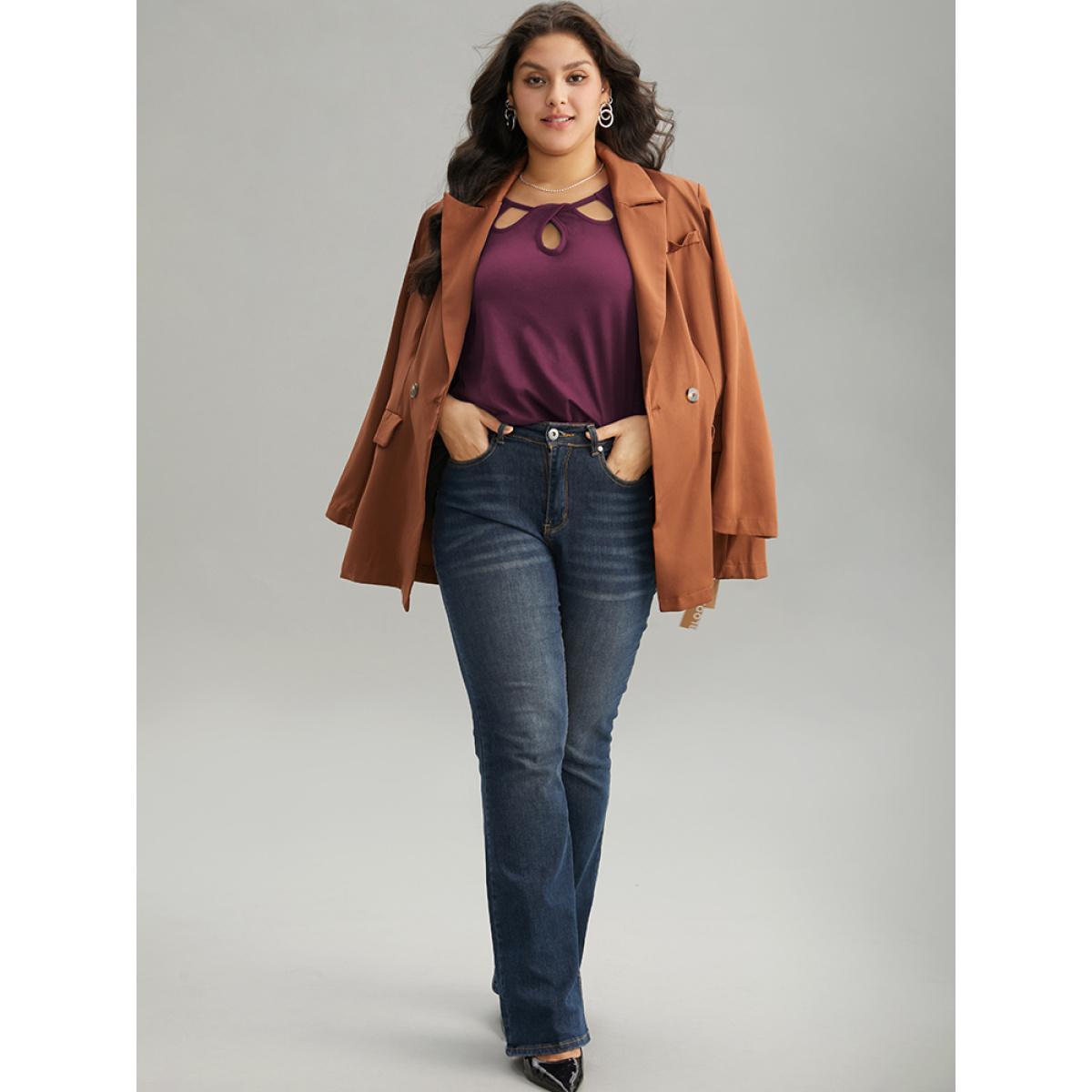 Plus Size Solid Keyhole Cut Out T-shirt RedViolet Women Elegant Plain Plain Keyhole Cut-Out Dailywear T-shirts BloomChic 12/L Product Image