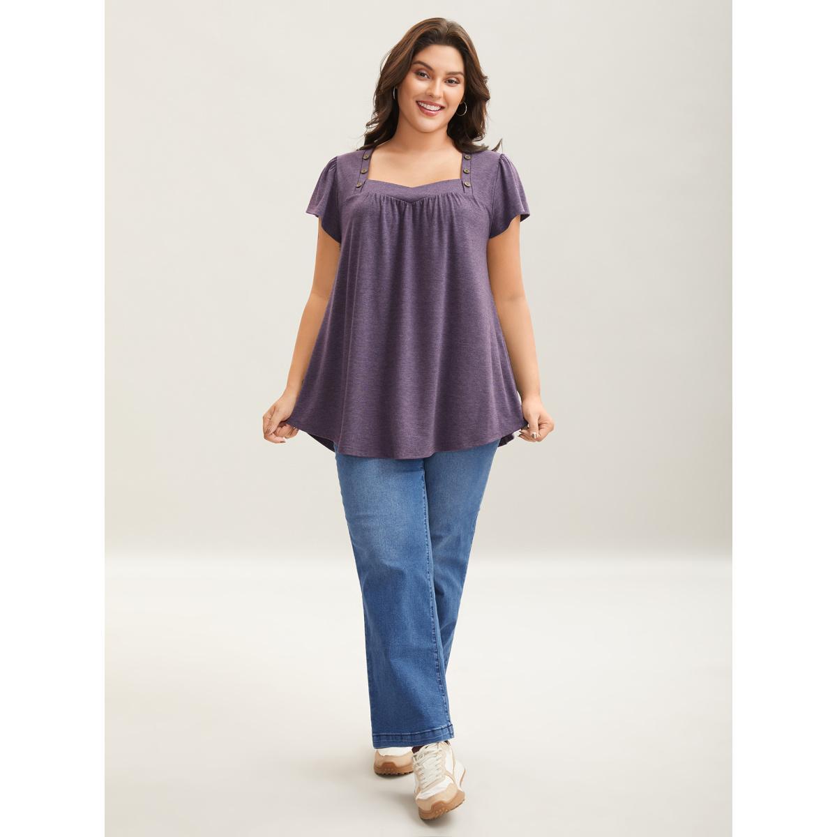 Plus Size Pleated Shoulder Button Plain Relaxed T-Shirt Mauve Women Casual Gathered Heart neckline Loose Everyday-Casual T-shirts BloomChic 18-20/2X Product Image