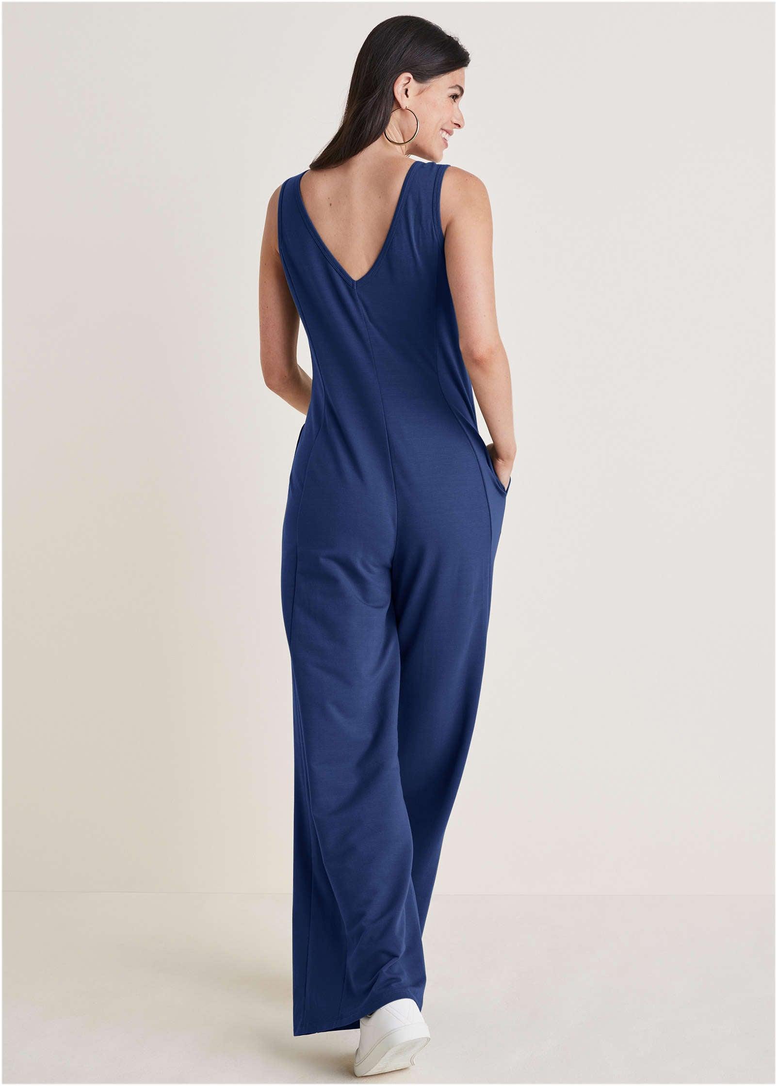 Relaxed V-Neck Jumpsuit - Dark Blue Product Image