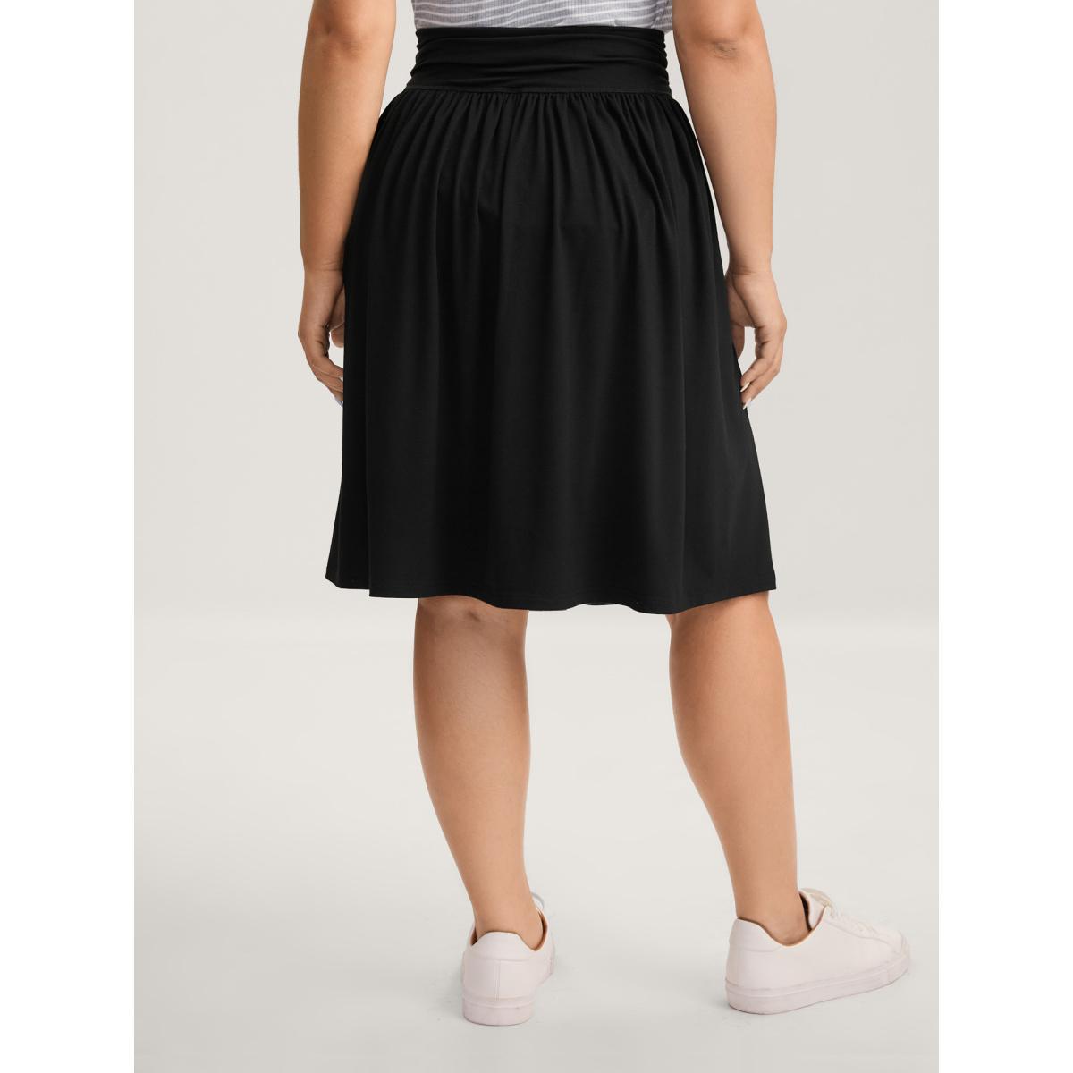 Plus Size Ruched Waist Flowy Solid Midi Skirt Women Black Casual Loose No stretch Side seam pocket Everyday-Casual Skirts BloomChic 12/L Product Image