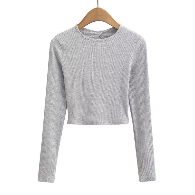 Long-Sleeve Round Neck Tie-Back Plain Crop Top Product Image