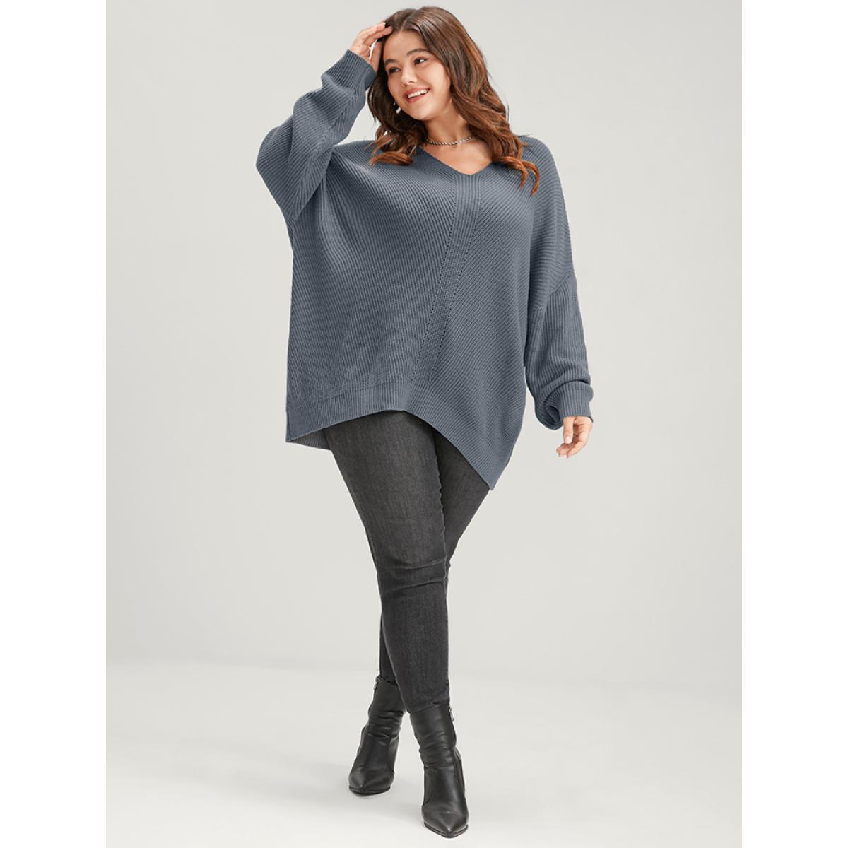 Plus Size Solid Pointelle Knit Asymmetrical Hem Eyelet Knit Top Silver Women Casual Loose Long Sleeve V-neck Dailywear Pullovers BloomChic 30/6X Product Image