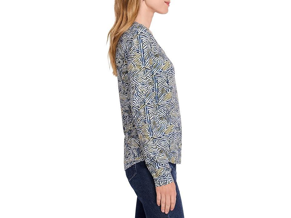 NIC+ZOE Sketched Lines Long Sleeve Scoop Neck Tee (Aqua Multi) Women's Clothing Product Image