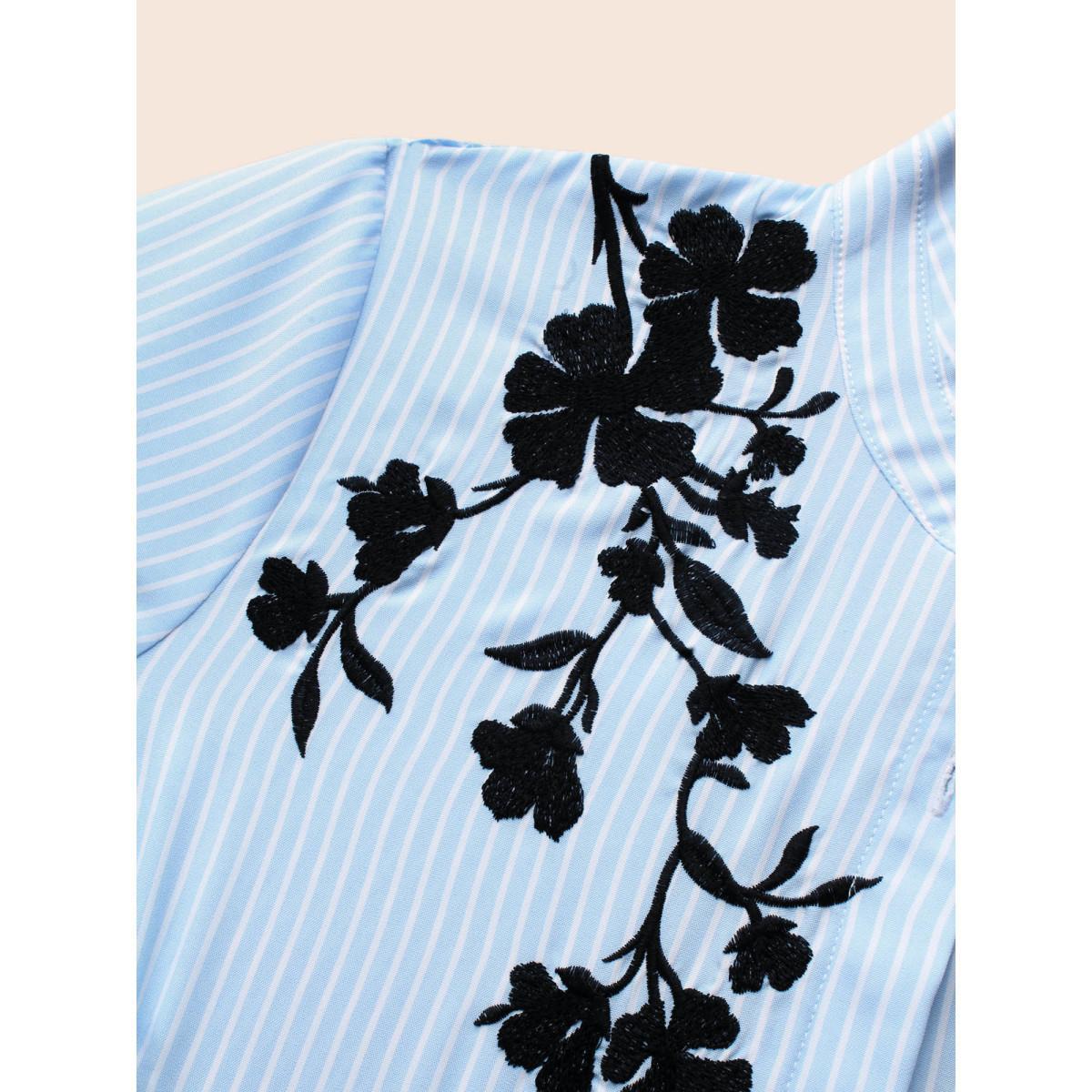 Plus Size LightBlue Floral Embroidered Striped Patched Pocket Blouse Women Elegant Elbow-length sleeve Shirt collar Everyday Blouses BloomChic 30/6X Product Image