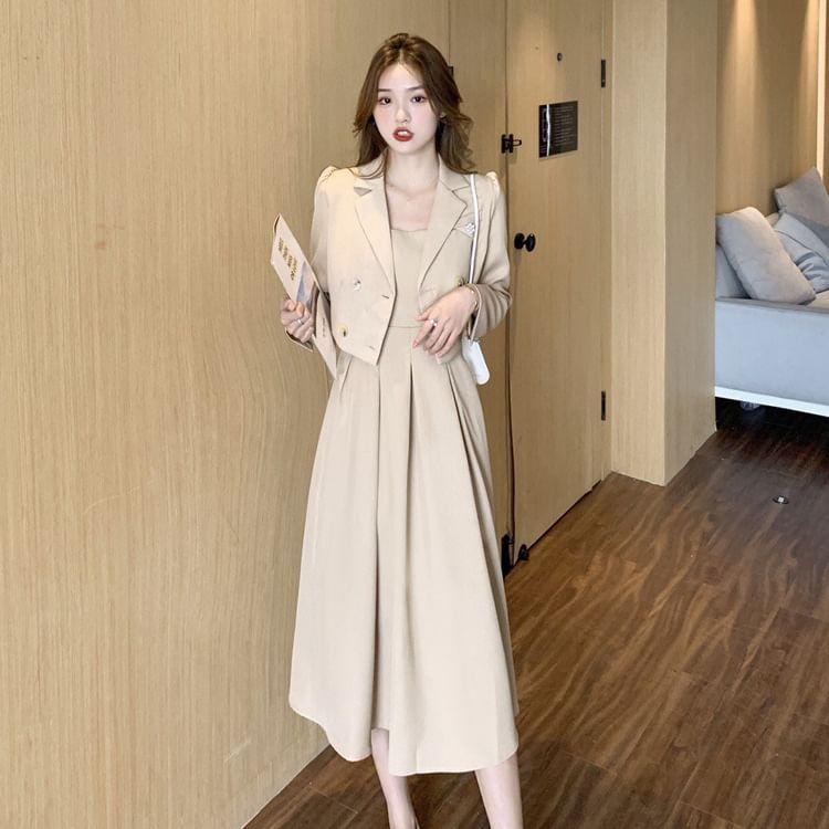 Set: Spaghetti Strap Plain Midi A-Line Dress + Crop Double-Breasted Blazer Product Image
