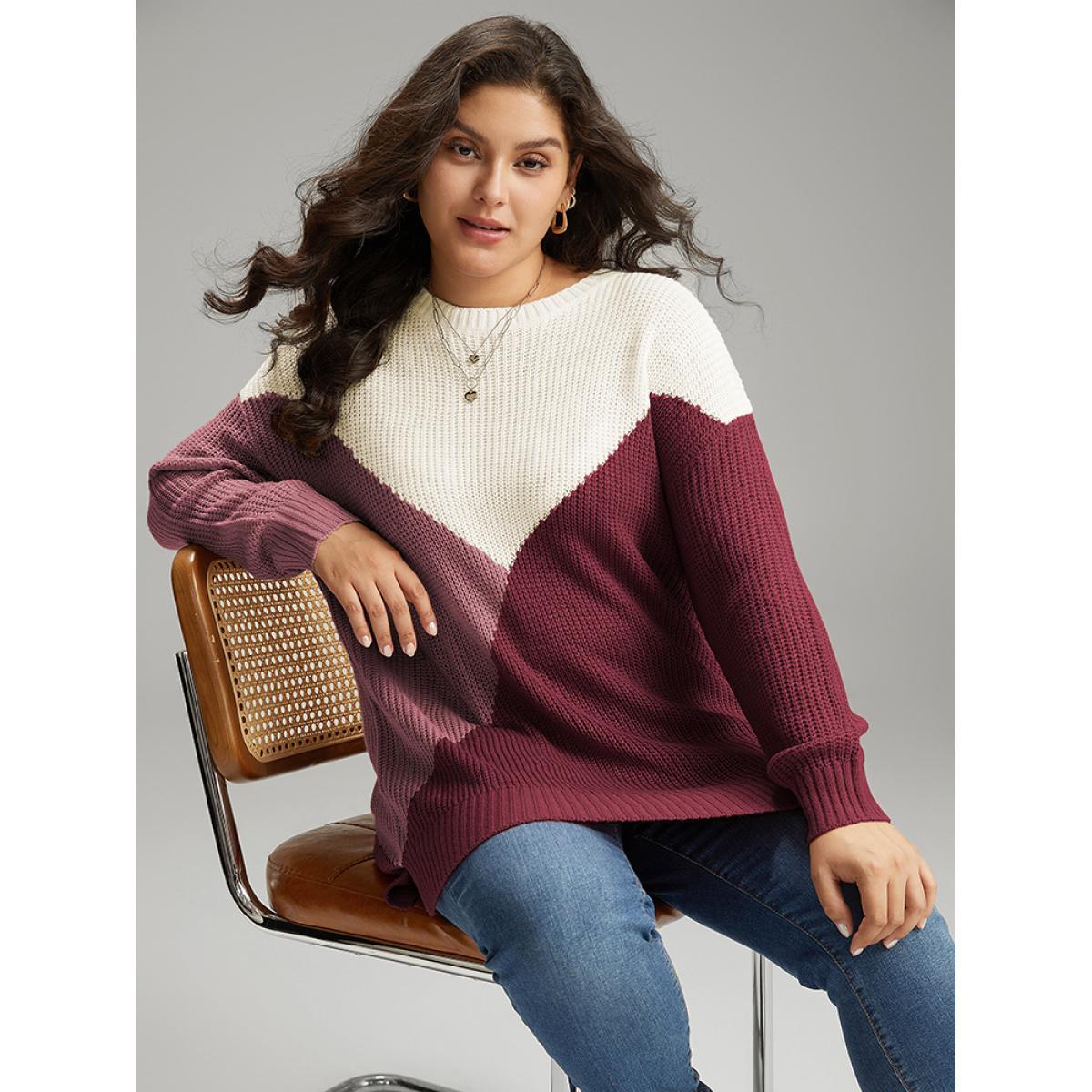 Plus Size Colorblock Split Side Drop Shoulder Pullover Scarlet Women Casual Loose Long Sleeve Round Neck Dailywear Pullovers BloomChic 22-24/3X Product Image