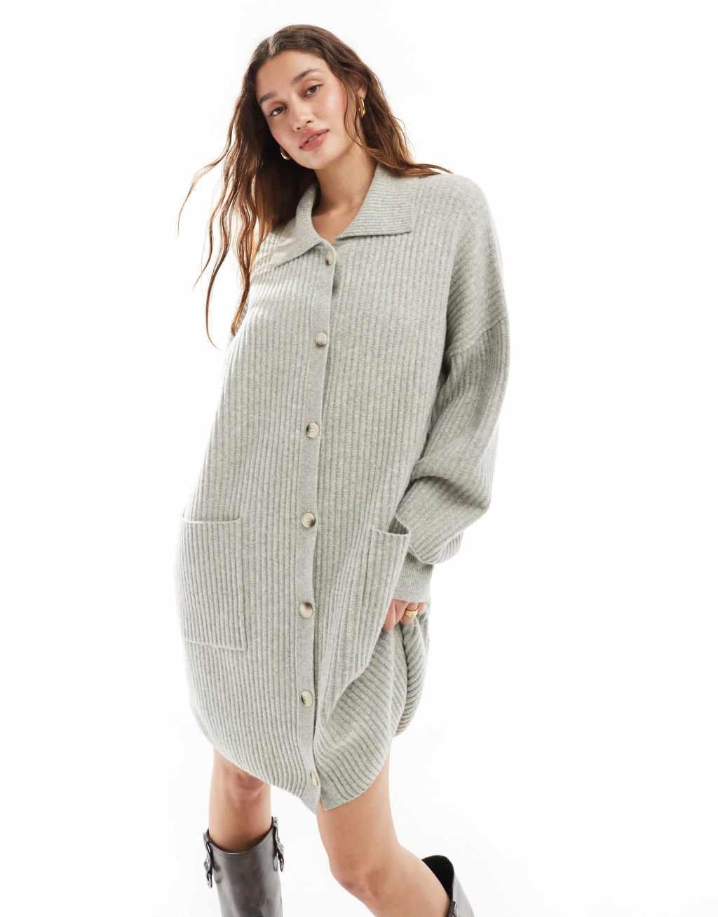 Free People oversized longline button detail cardigan in soft gray Product Image