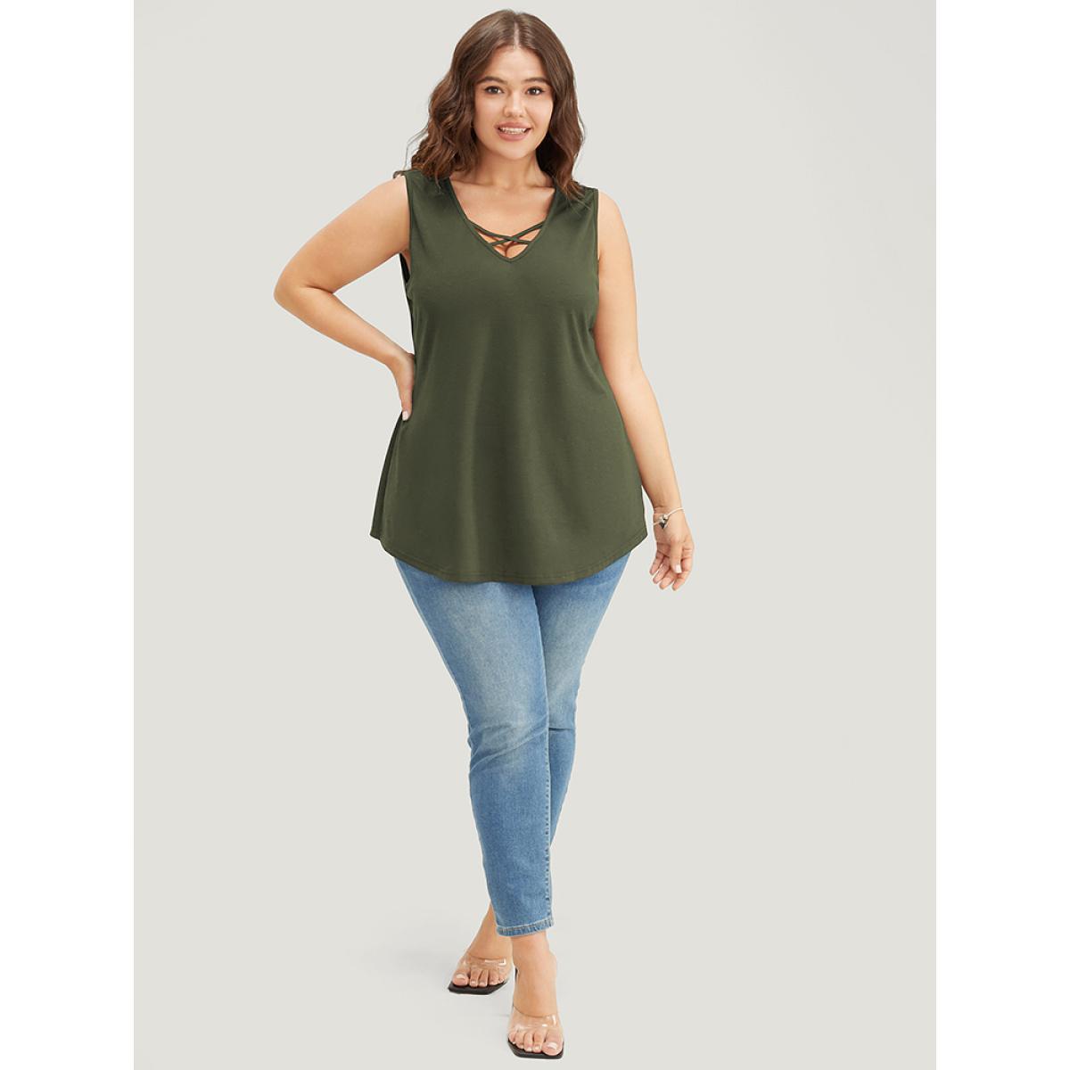 Plus Size Plain Crisscross Deep V Neck Tank Top Women ArmyGreen Casual Deep V-neck Dailywear Tank Tops Camis BloomChic 10/M Product Image