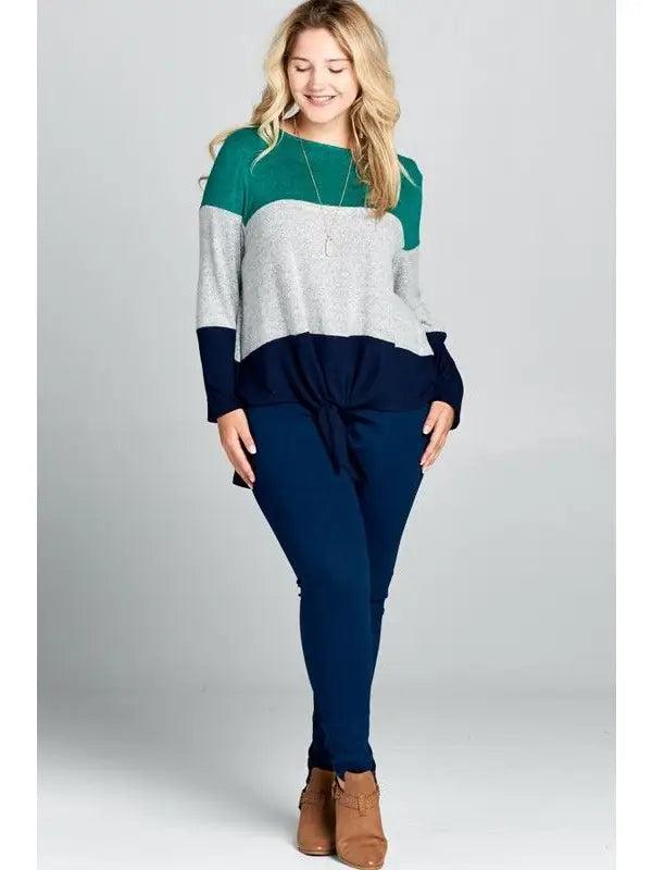 Emerald Gray and Navy Plus Size Hacci Brush Colorblock Front Knot Top Female Product Image