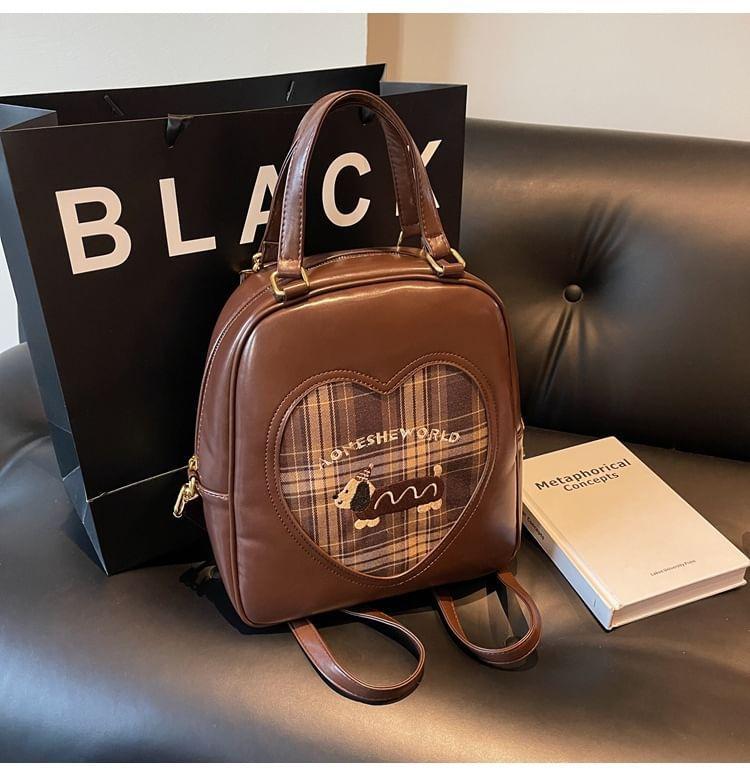 Plaid Cartoon Patterned Panel Faux Leather Top Handle Backpack Product Image