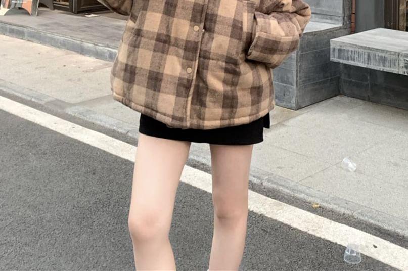Stand Collar Plaid Padded Zip Jacket Product Image