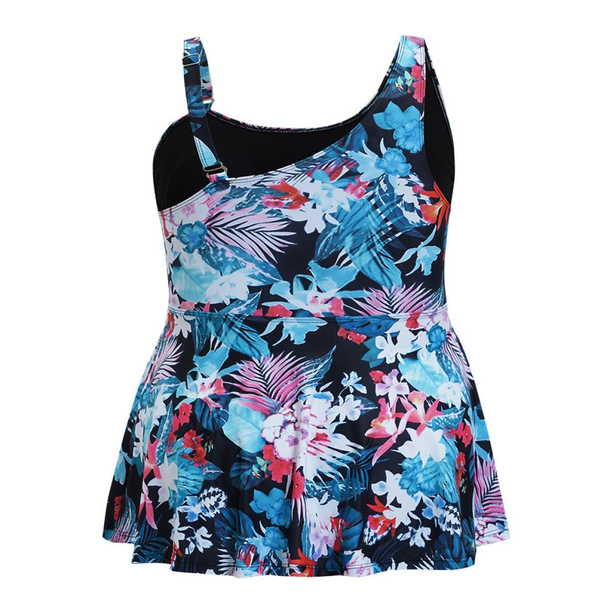 Plus Size Floral Printed Asymmetrical Ruffles Hem Tankini Top Women's Swimwear BlackFlower Vacation Adjustable Straps High stretch Bodycon Asymmetrical Neck Curve Swim Tops BloomChic 12/L Product Image