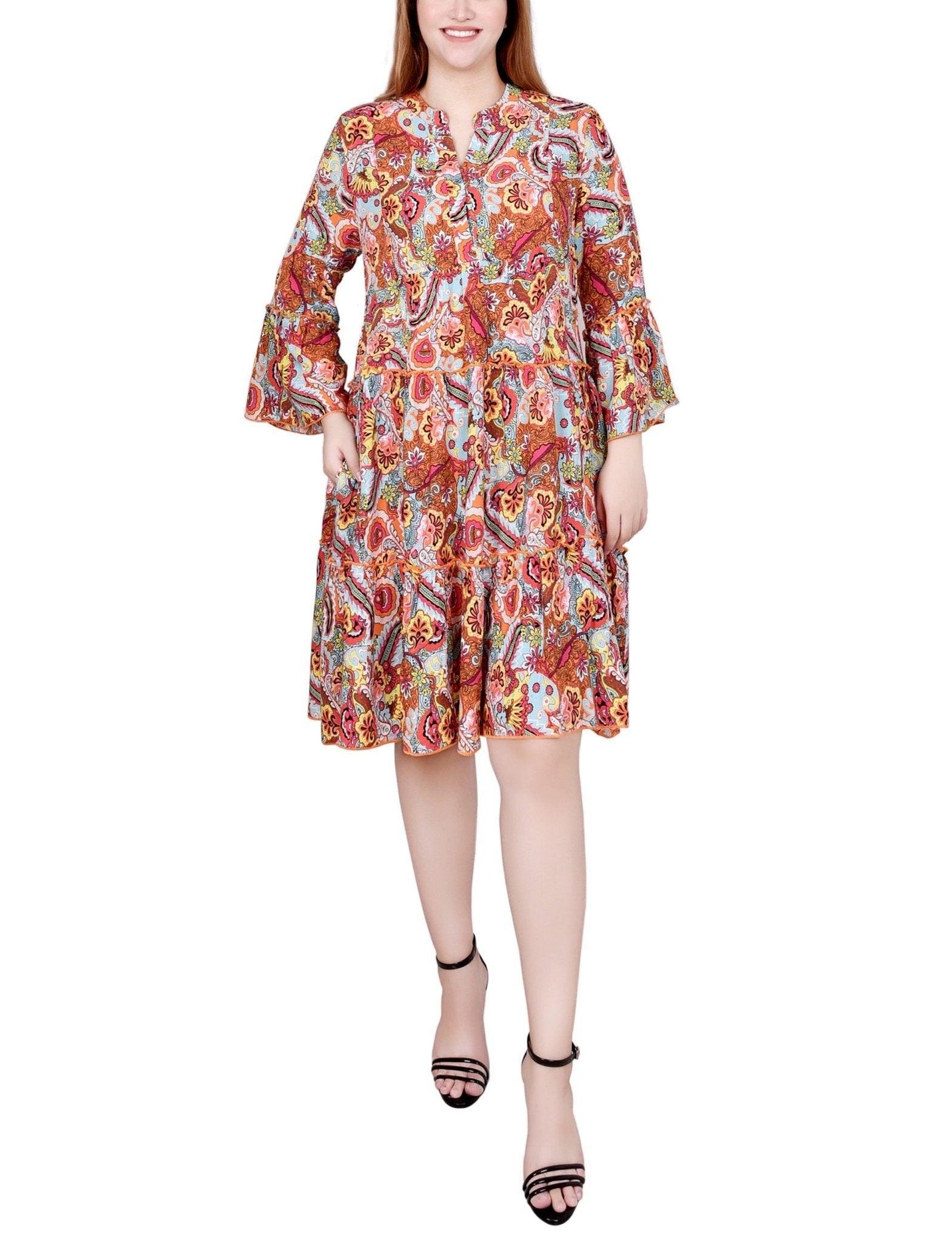 Blue Orange Paisley 3/4 Sleeve Tiered Dress - Petite Product Image
