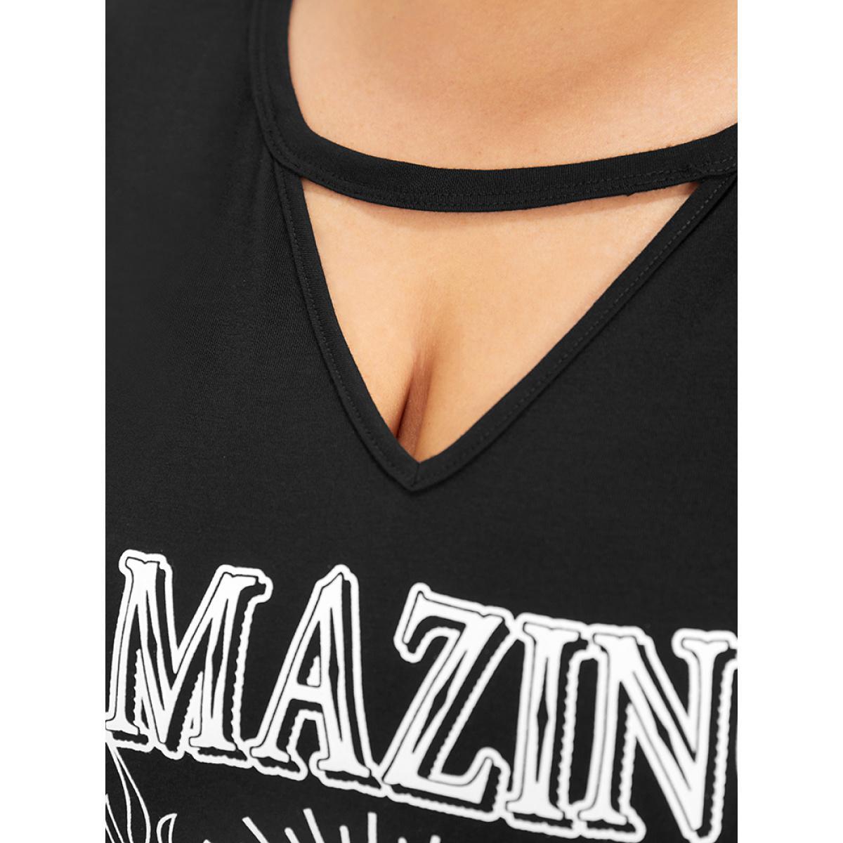 Plus Size Graphic & Letter Print Pocket Cut Out Dress Black Women Casual Plain Curvy Midi Dress BloomChic 12/L Product Image