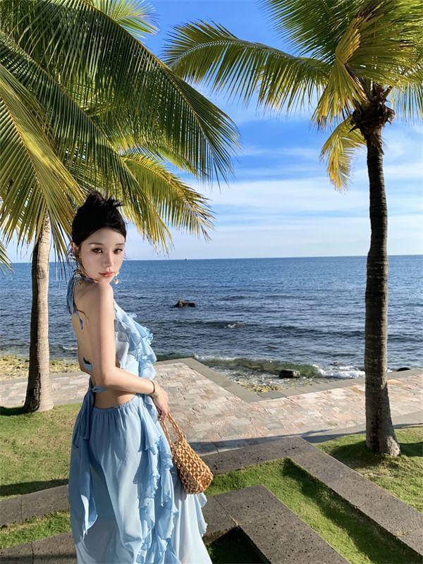 Halter Neck Plain Ruffle Trim Cutout Maxi Sun Dress Product Image