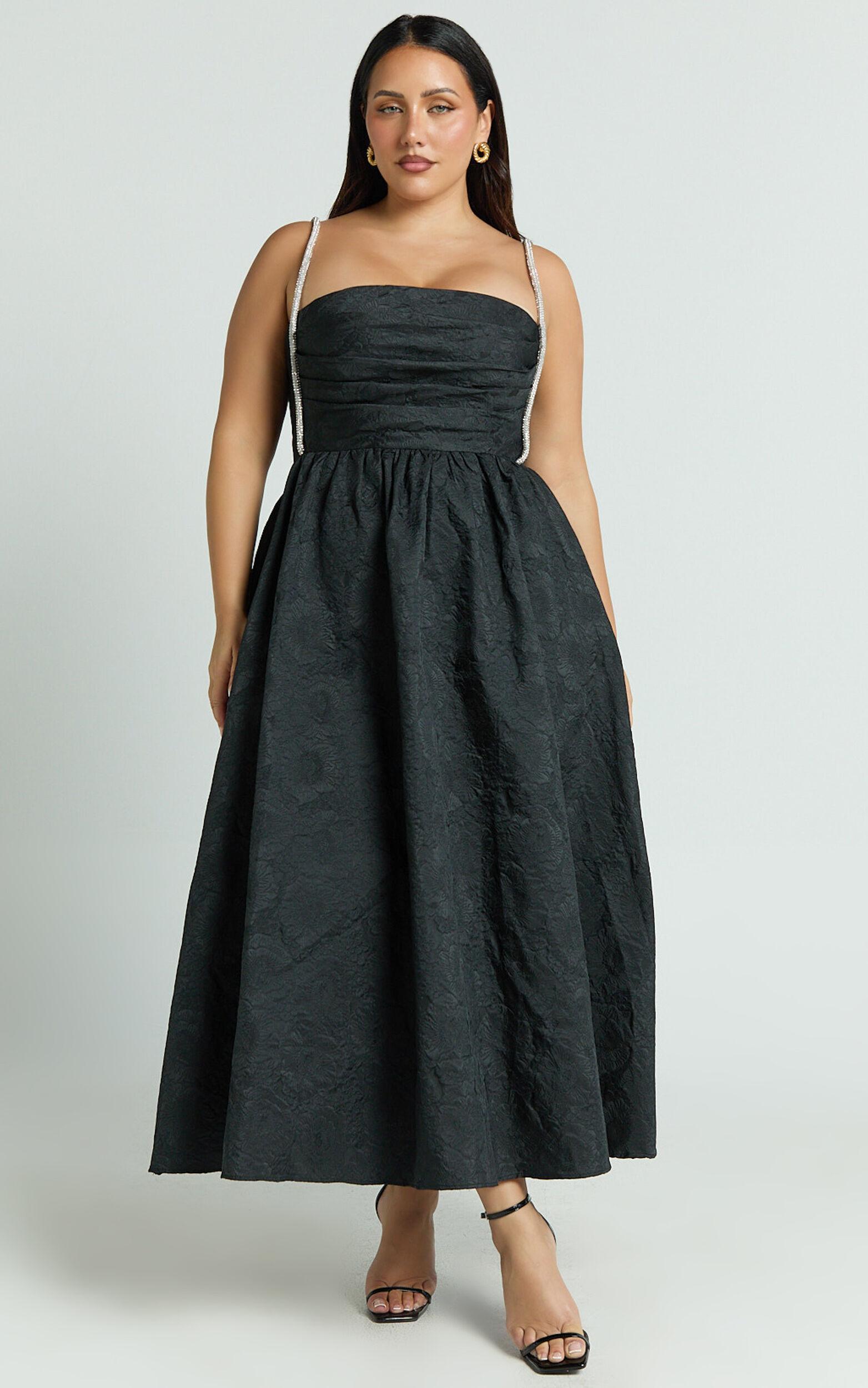 Alvia Midi Dress - Diamante Strap Ruched Straight Neck Dress in Black Product Image