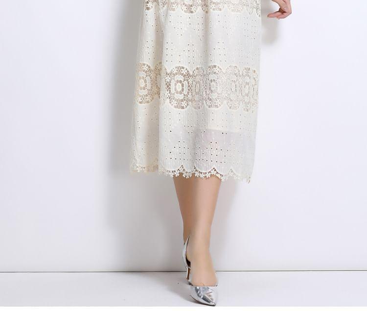 Set: Long Sleeve Stand Collar Plain Button Panel Lace Midi A-Line Dress + Belt Product Image