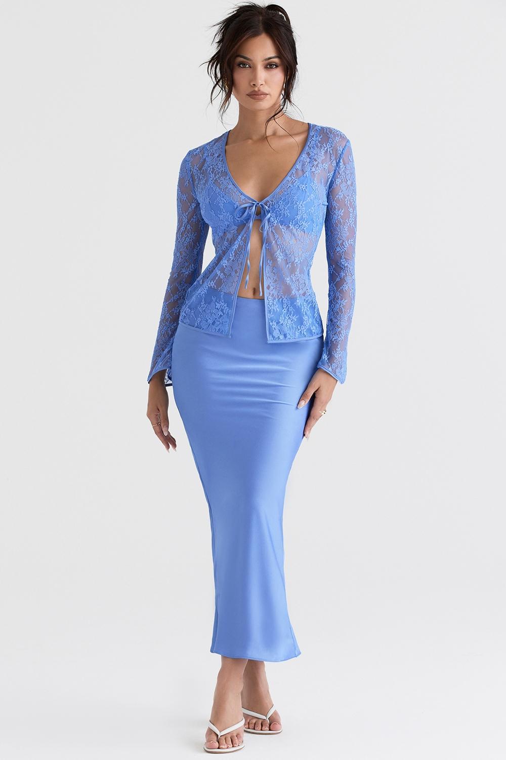 Clara Blue Satin Bias Cut Midi Skirt Product Image
