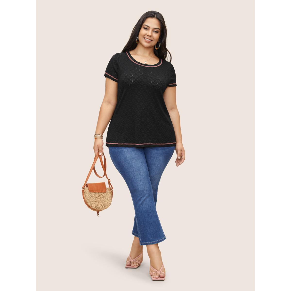 Plus Size Crew Neck Lace Insert Contrast Stitch T-shirt Black Women Resort Contrast Round Neck Bodycon Vacation T-shirts BloomChic 18-20/2X Product Image