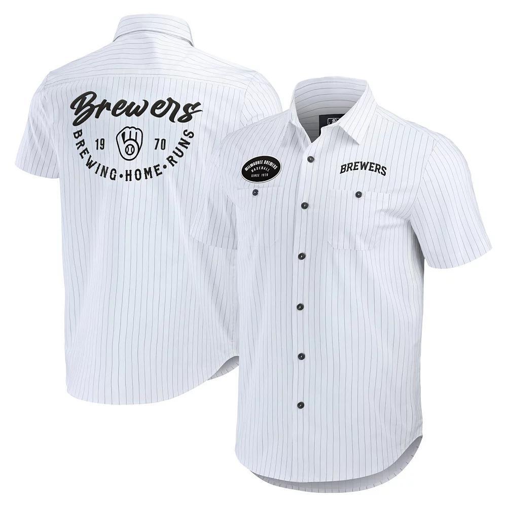 Men's Darius Rucker Collection by Fanatics White Milwaukee Brewers Pin Stripe Short Sleeve Button-Up Shirt, Size: Small Product Image