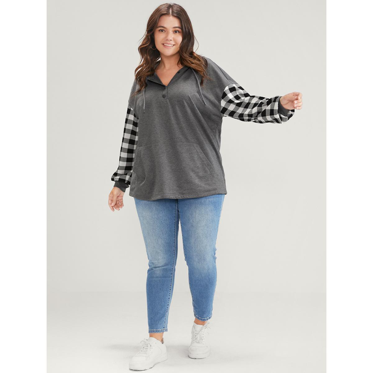 Plus Size Gingham Pocket Button Up Hooded Sweatshirt Women DimGray Casual Contrast Hooded Dailywear Sweatshirts BloomChic 14-16/1X Product Image