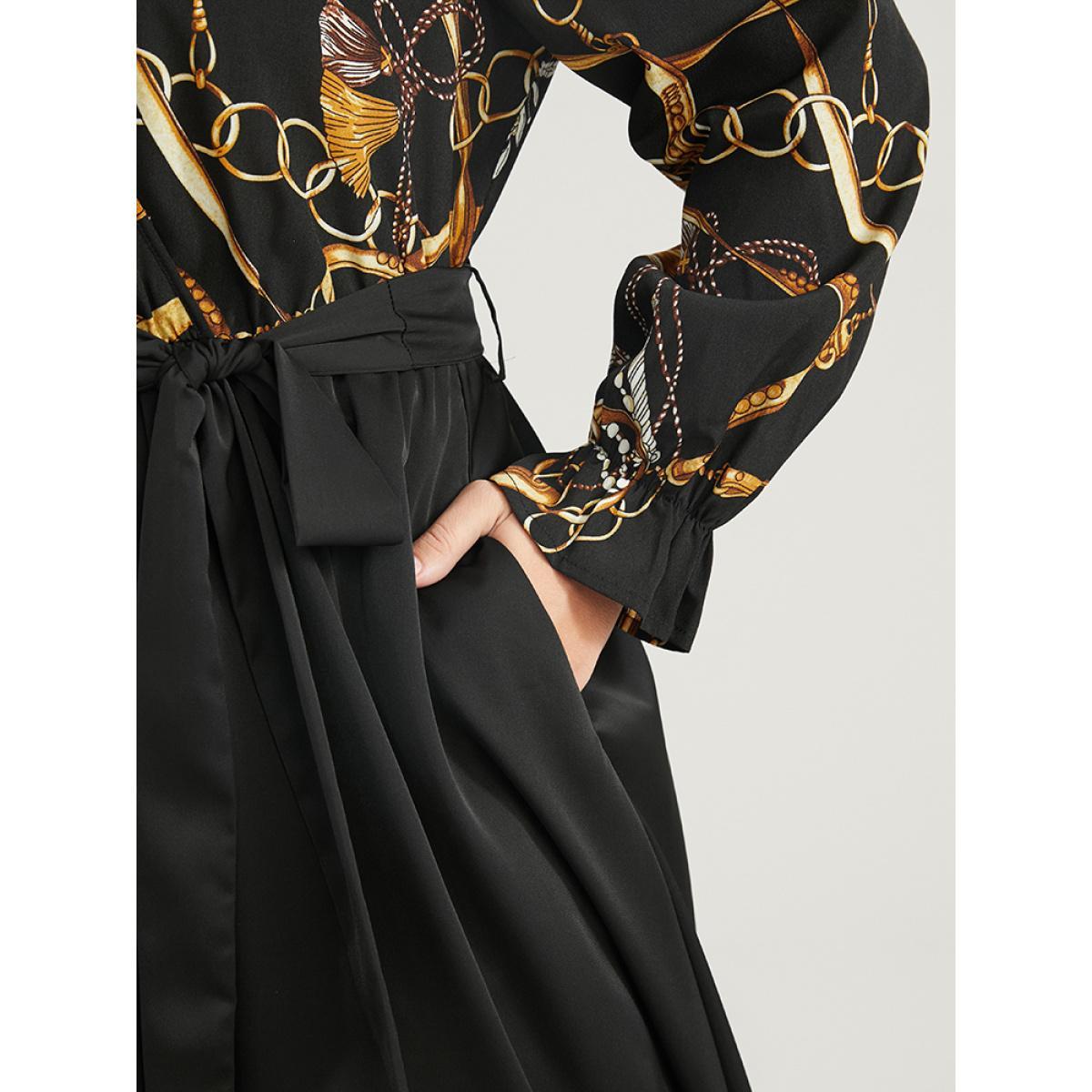 Plus Size Chain Print V Neck Pocket Lantern Sleeve Belted Split Dress Black Women Elegant Pocket V-neck Long Sleeve Curvy Midi Dress BloomChic 26/4X Product Image