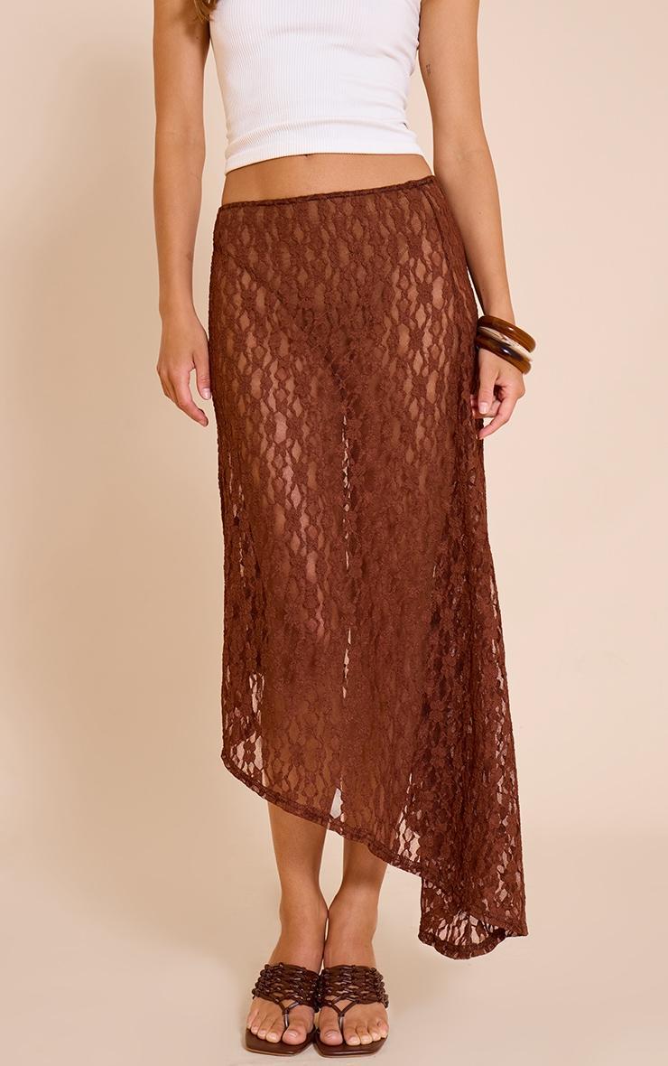 Brown Asymmetric Lace Midaxi Skirt Product Image