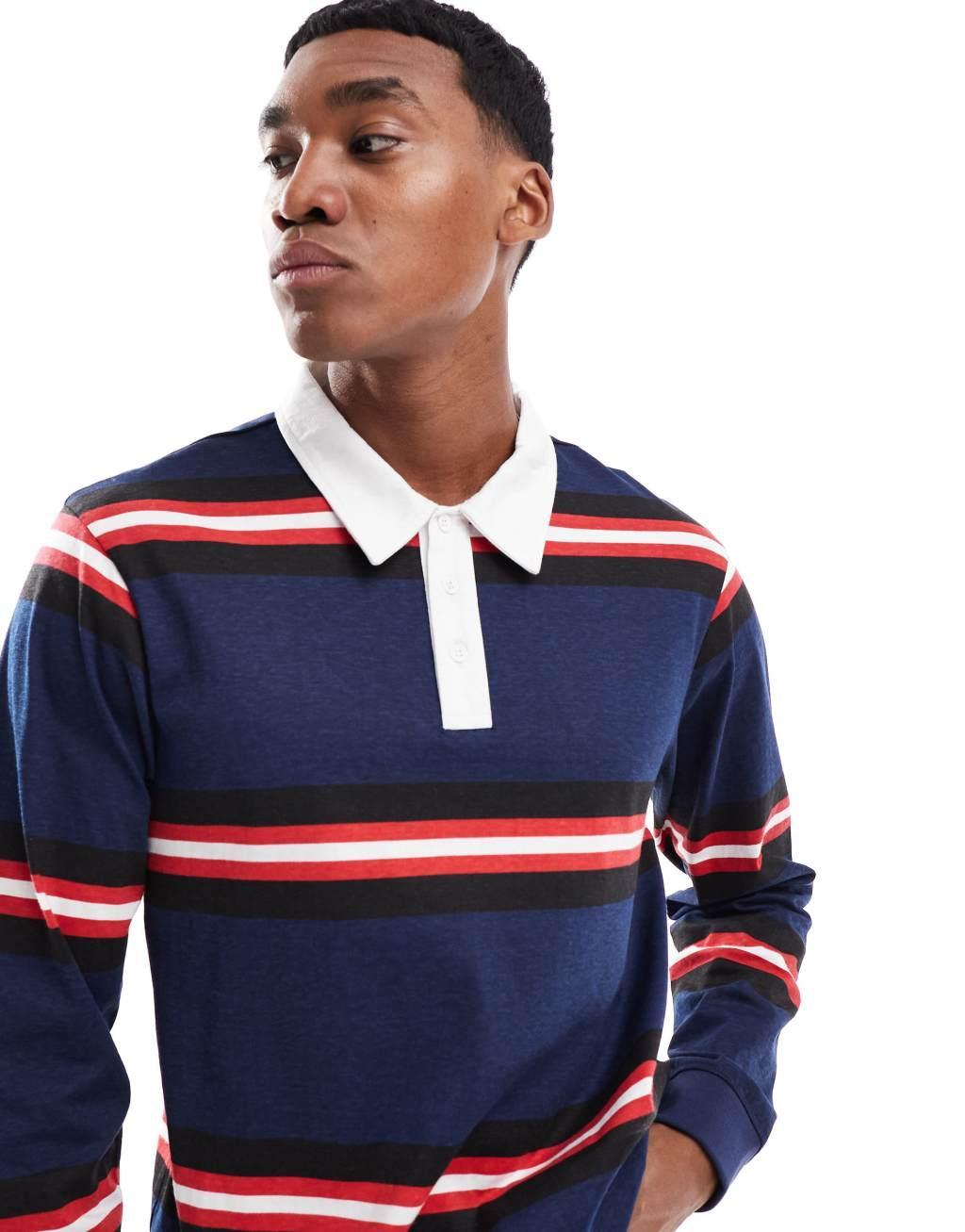 Another Influence striped long sleeve polo shirt in navy Product Image