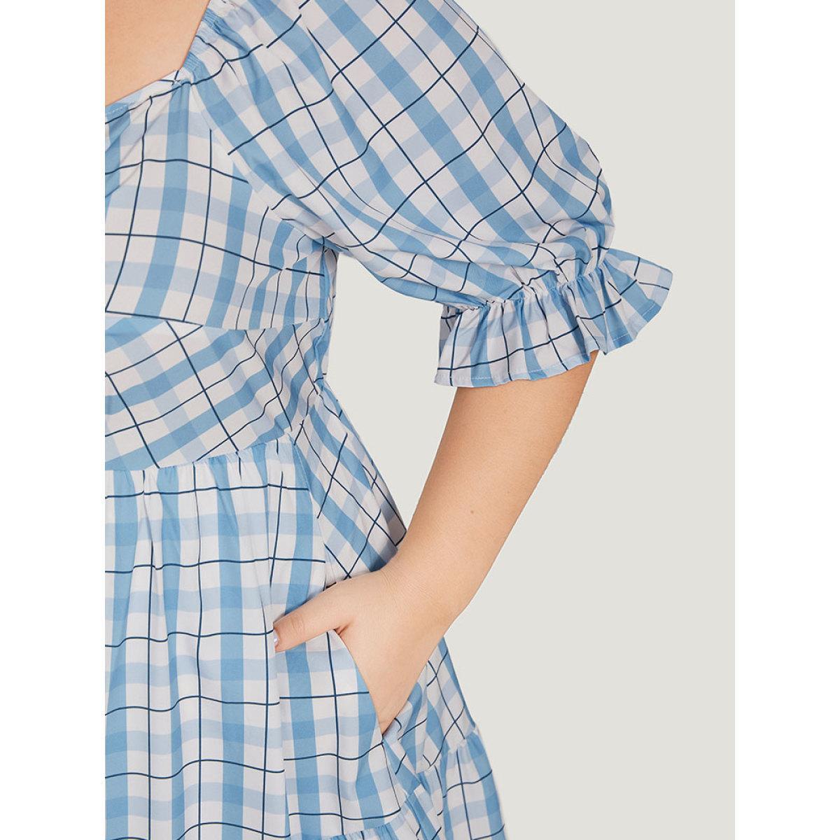 Plus Size Twist Front Square Neck Ruffle Layered Hem Bell Sleeve Dress LightBlue Women Elegant Square Neck Short sleeve Curvy Knee Dress BloomChic 14-16/1X Product Image