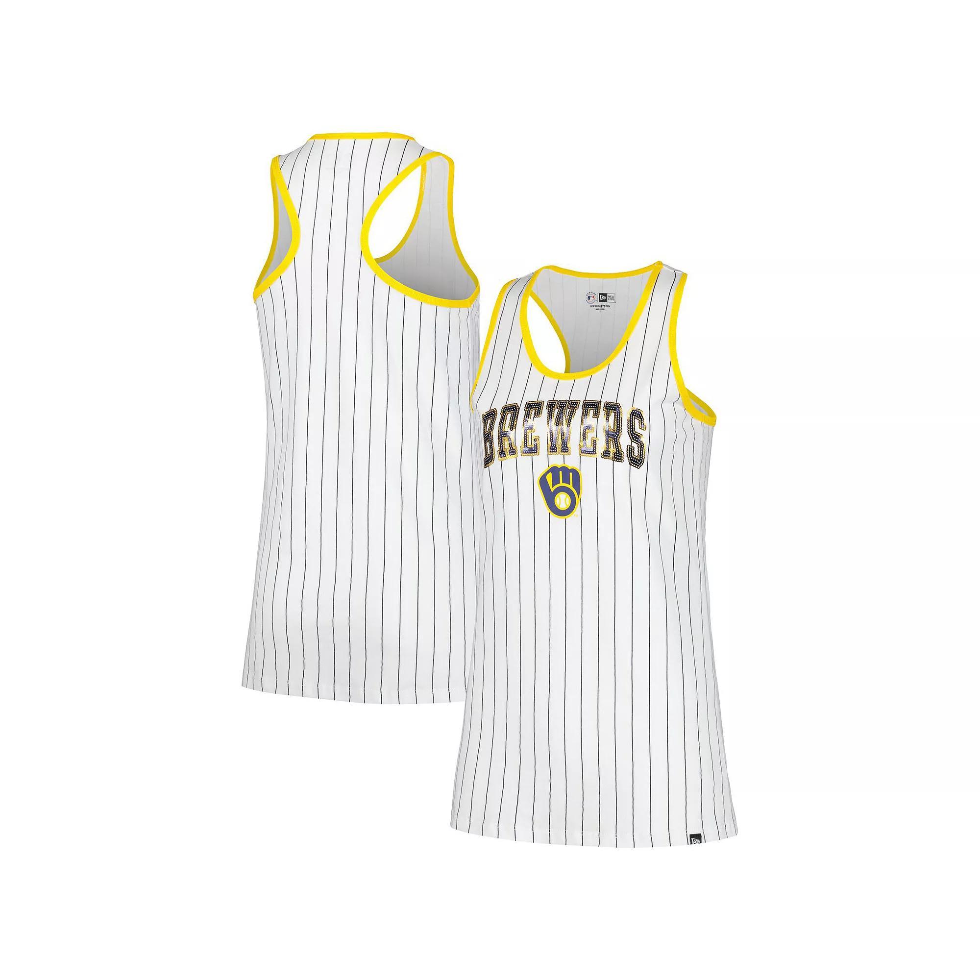 Women's New Era White Milwaukee Brewers Sequin Pinstripe Racerback Tank Top, Size: Medium Product Image