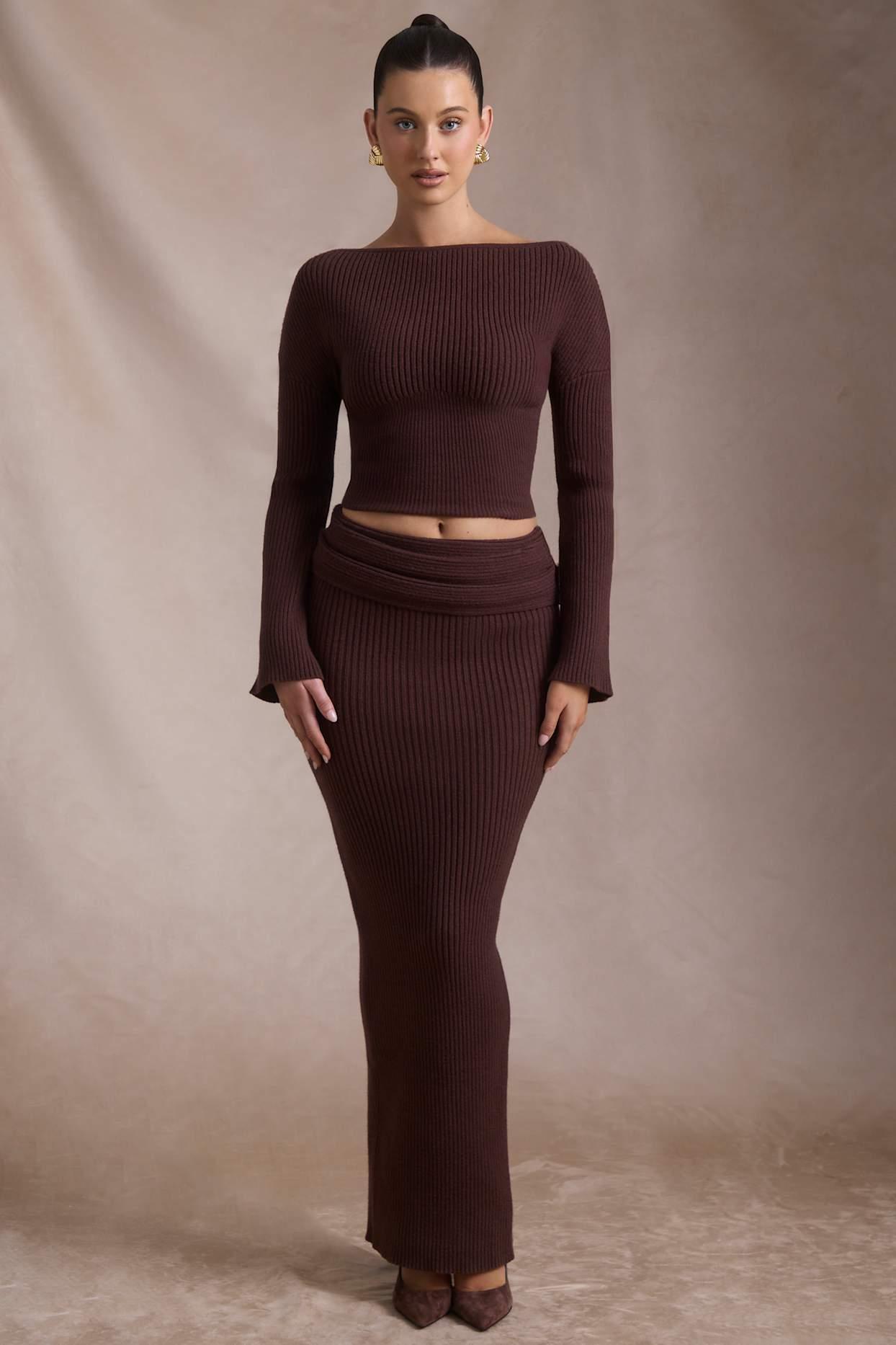 Ribbed-Knit Foldover Maxi Skirt in Espresso Product Image