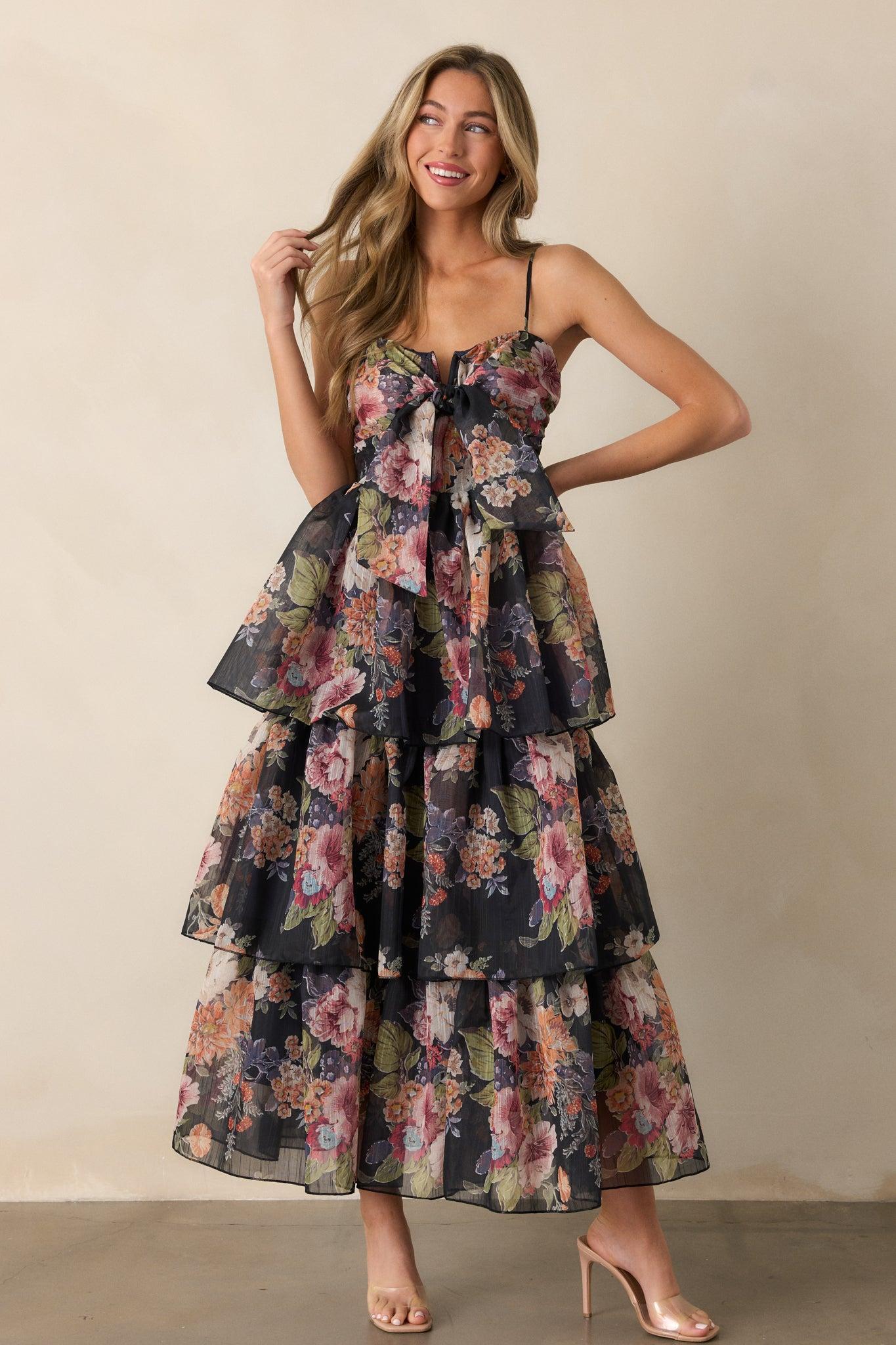 Wishing You Well Navy Floral Tiered Midi Dress Product Image