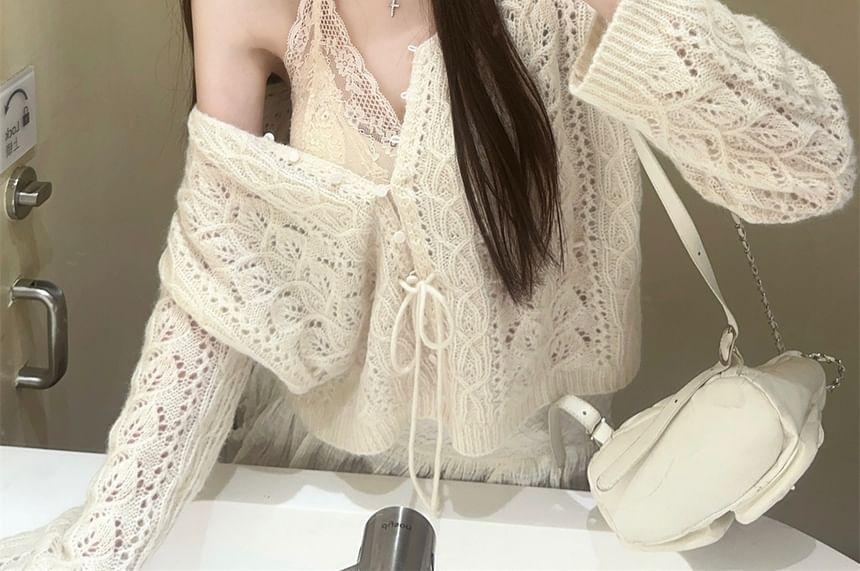 V-Neck Plain Pointelle Cardigan / Halter Bow Lace Cami Top Product Image