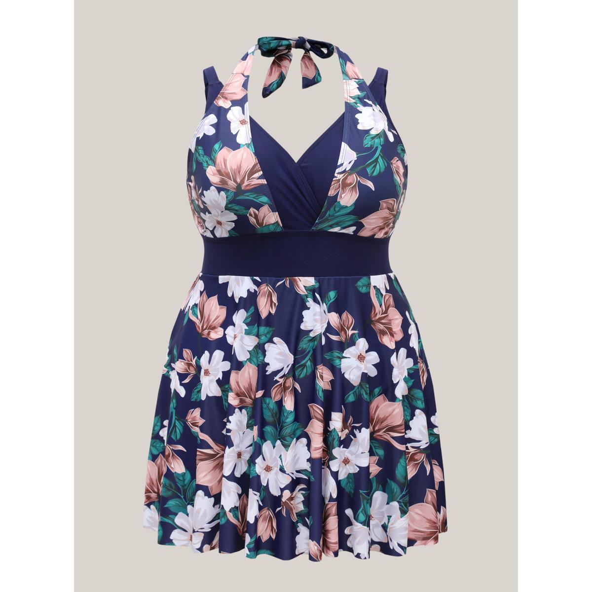 Plus Size Floral Print Color Block Swim Dress Women's Swimwear Midnight Beach Bodycon Overlap Collar High stretch Curve Swim Dresses BloomChic 12/L Product Image