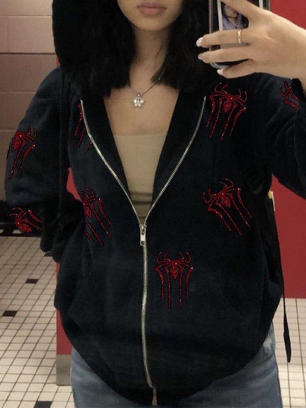Rhinestone Spider Zip Up Hoodie Product Image