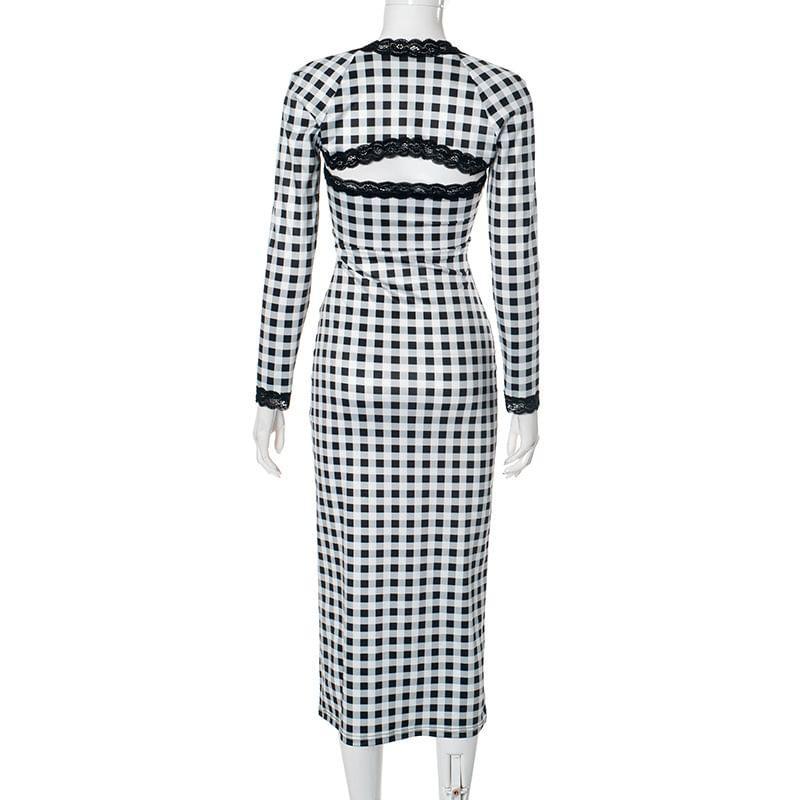 Long-Sleeve Queen Anne Neckline Plaid Maxi Sheath Dress Product Image