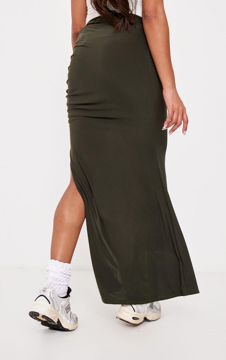 Maternity Dark Khaki Slinky Ruched Detail Maxi Skirt Product Image