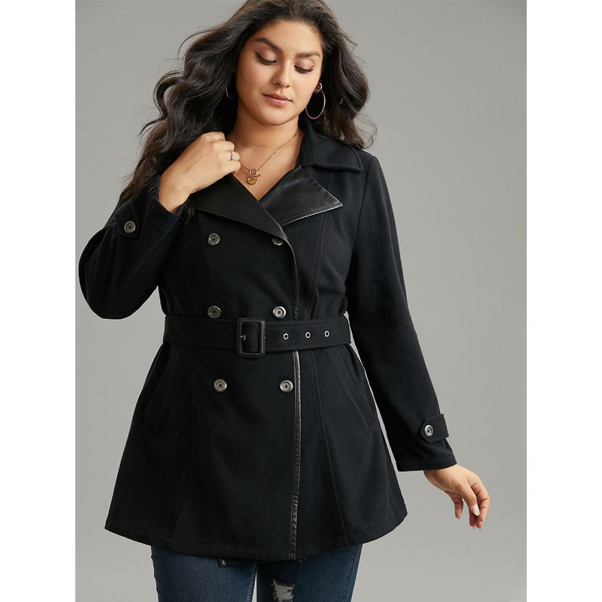 Plus Size PU Leather Patchwork Lapel Collar Double Breasted Belted Coat Women Black Casual Belted Ladies Dailywear Winter Coats BloomChic 28/5X Product Image