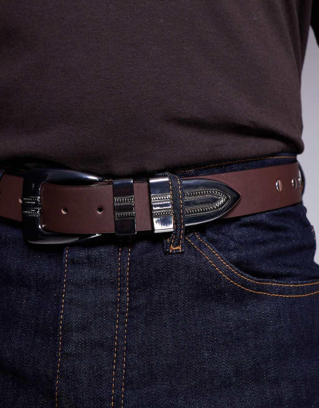 ASOS DESIGN faux leather belt with western buckle in burnished brown Product Image