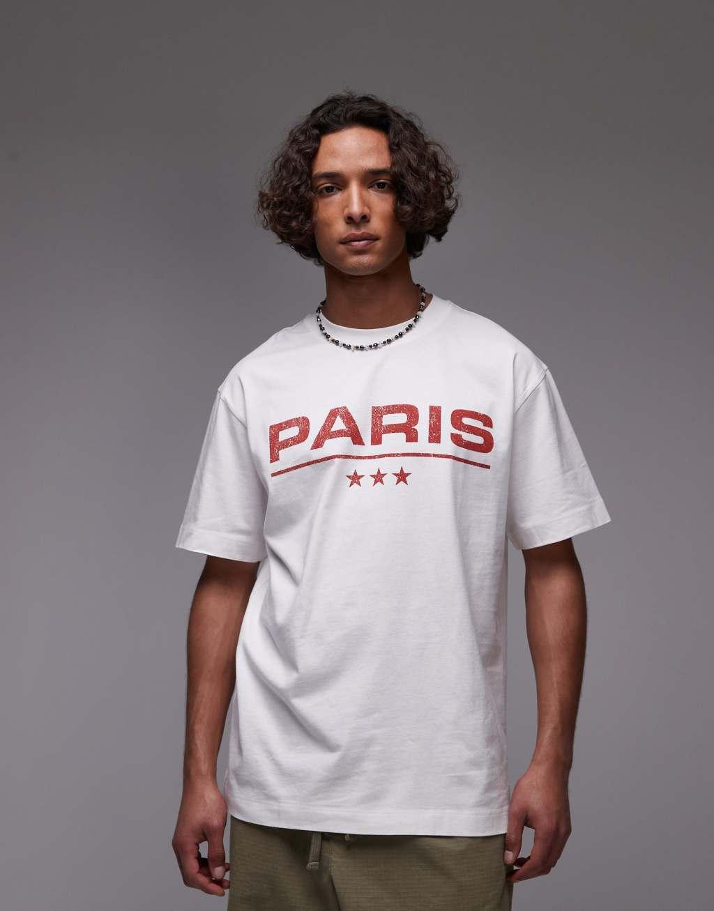 Topman oversized fit T-shirt with Paris print in white Product Image