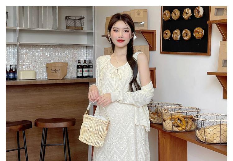 Maternity Sleeveless Scoop Neck Lace Embroidered Midi A-Line Dress / Striped Cardigan Product Image