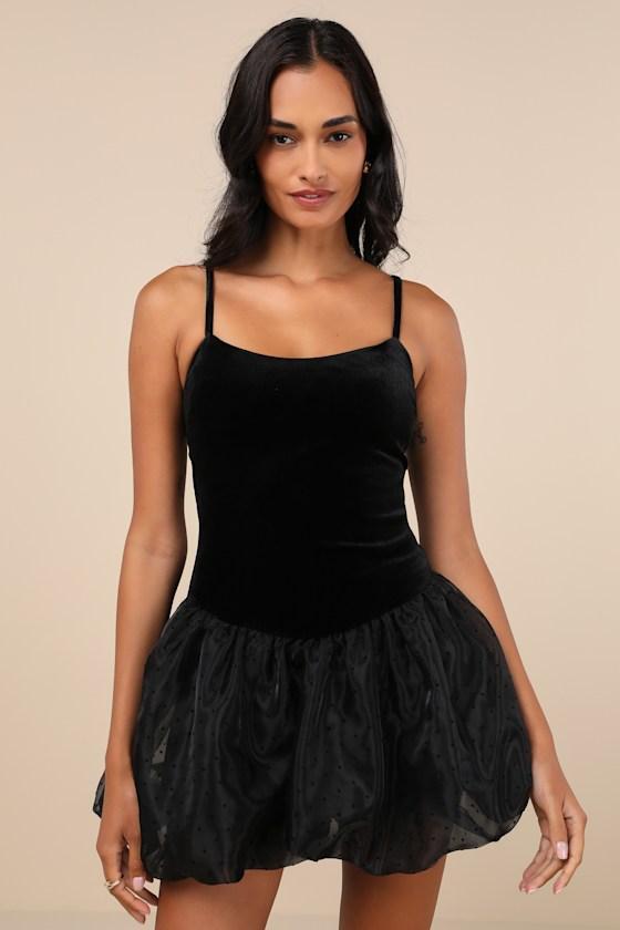 Coquette Energy Black Polka Dot Velvet Drop Waist Mini Dress Product Image