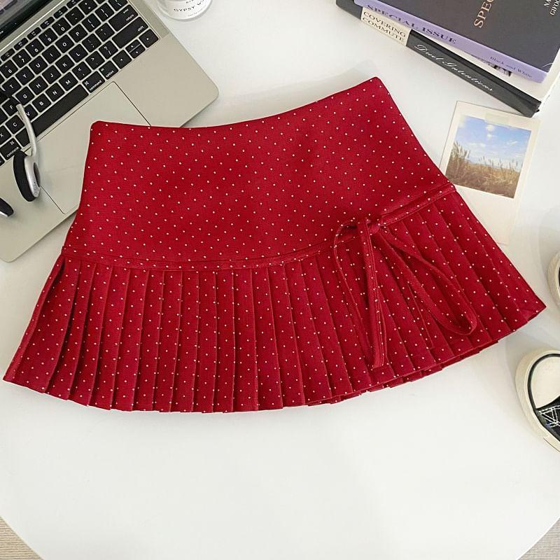 High Rise Dotted Bow Accent Pleated Mini A-Line Skirt Product Image