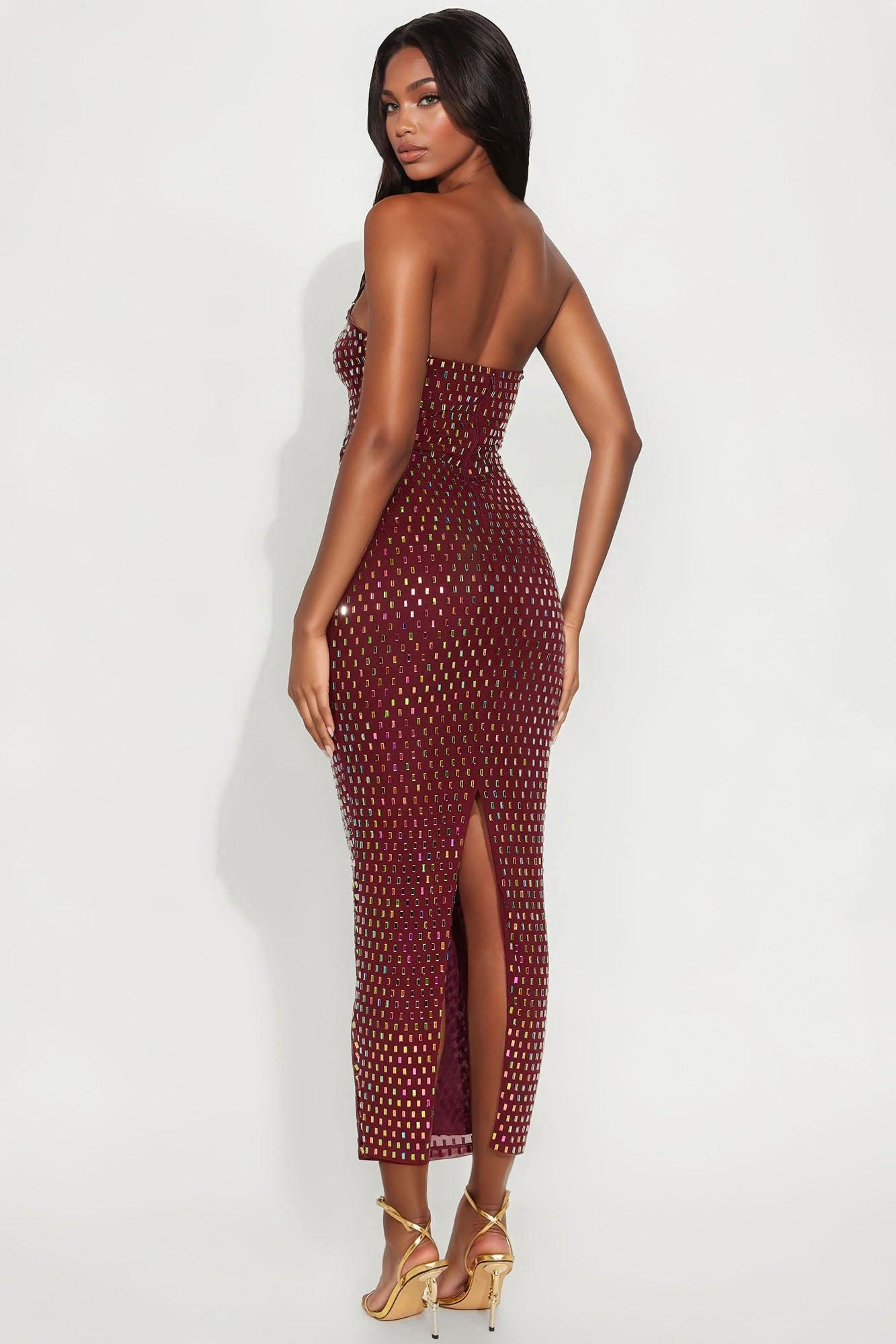 Maria Embellished Mesh Maxi Tube Dress - Wine Product Image
