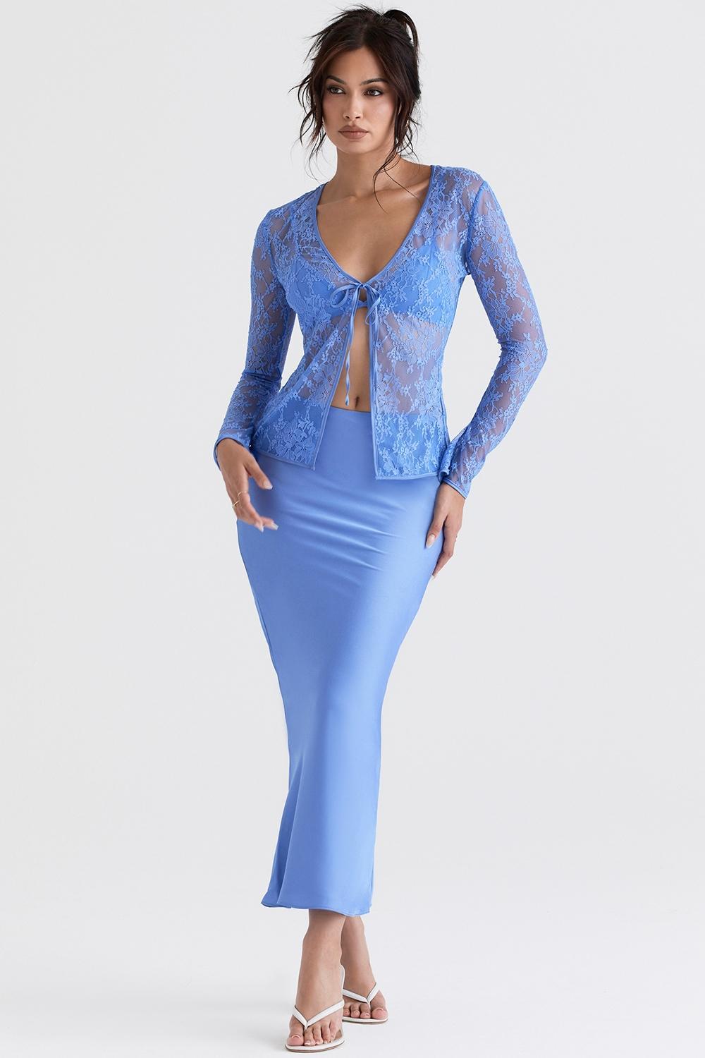 Clara Blue Satin Bias Cut Midi Skirt Product Image
