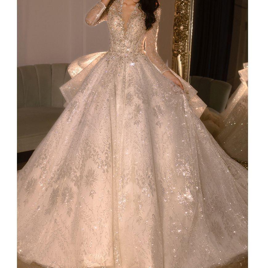 Long-Sleeve Sequin Open Back Wedding Ball Gown Product Image