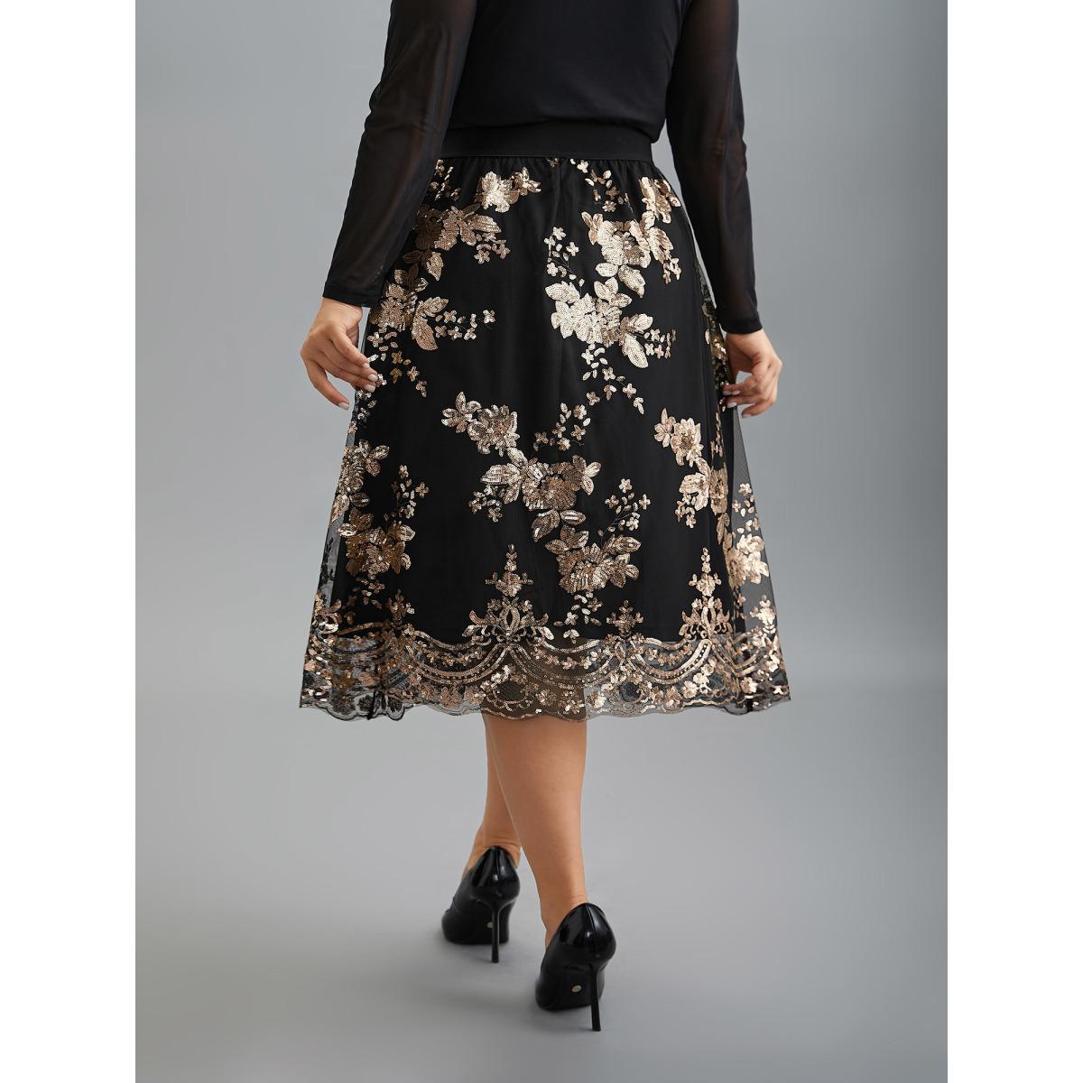 Plus Size Sequin Floral Stretchy Waist Skirt Women Black Cocktail No stretch Party Skirts BloomChic 12/L Product Image
